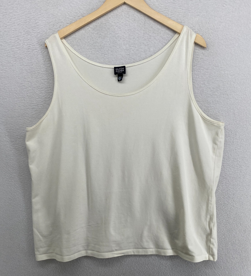 EILEEN FISHER Tank Top 1X Stretch Cotton Jersey Scoop Neck Shell Off White USA